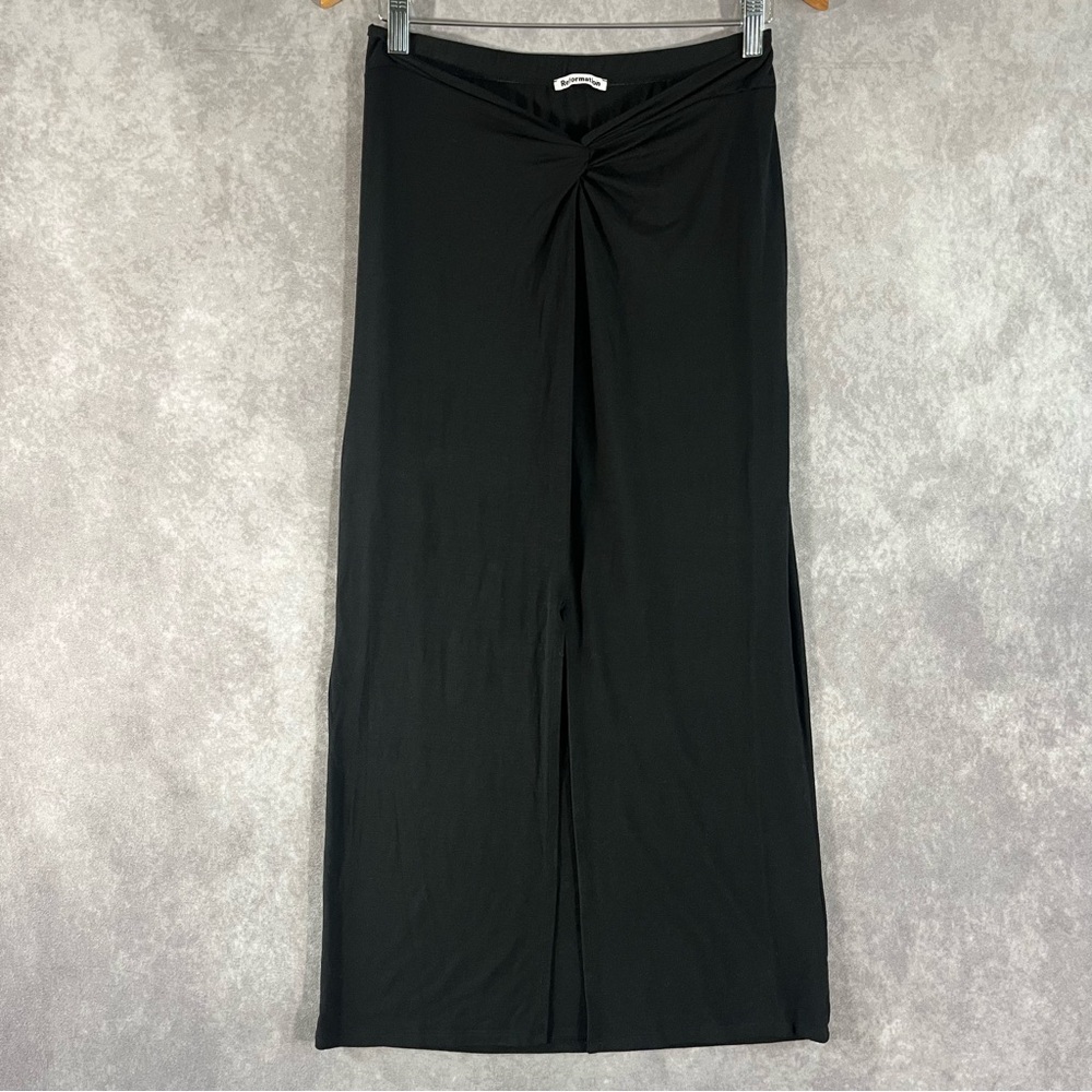 Reformation Midi Skirt Women Small Black Rylan Knit Ruched Knot-Front High Slit